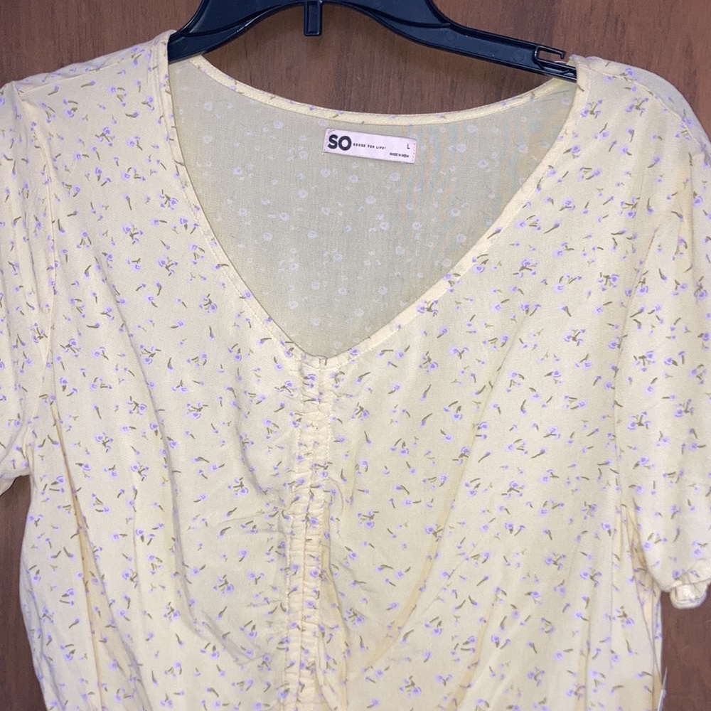 3/$24 So top yellow with floral print cinch front top boho casual summer L jr - Picture 5 of 17